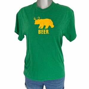 Beer T Shirt Green Yellow Bear with Deer Antlers Outdoor Camping Hiking Crew